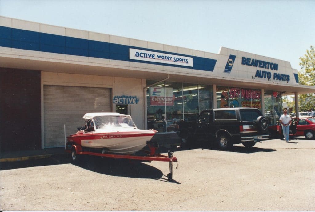 Boat in front of store